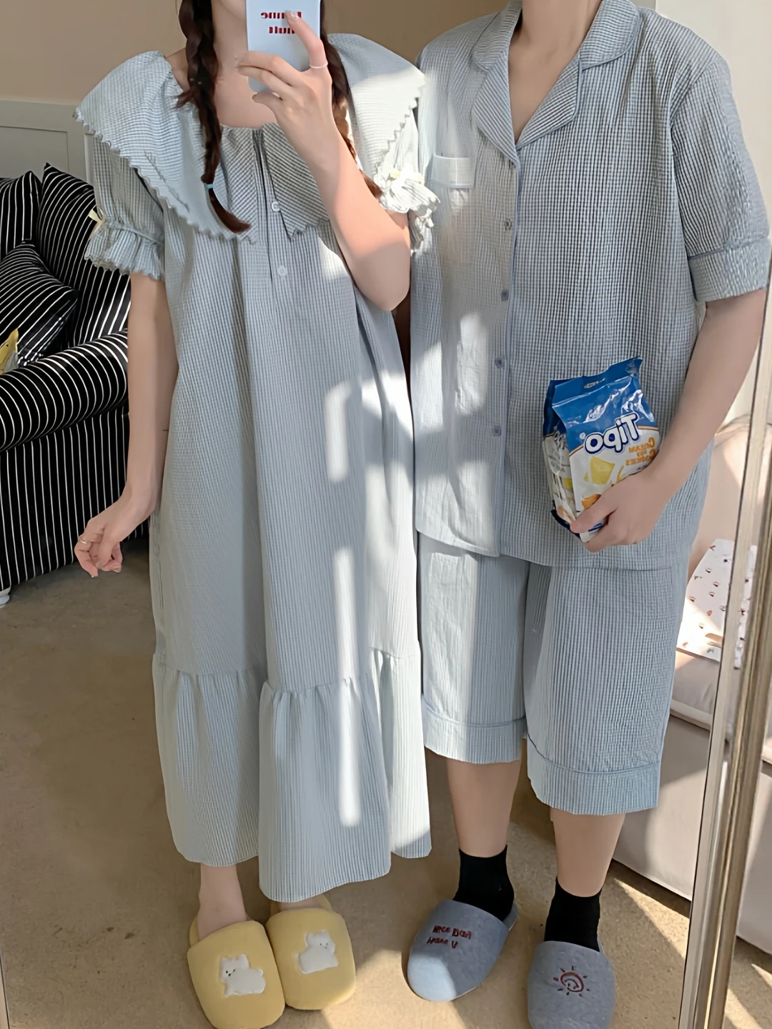 韓国スタイル-ins-チェック柄コットンリネンカップルパジャマ夏の女性のナイトガウン男性のショーツ屋外着用可能なホーム服セット