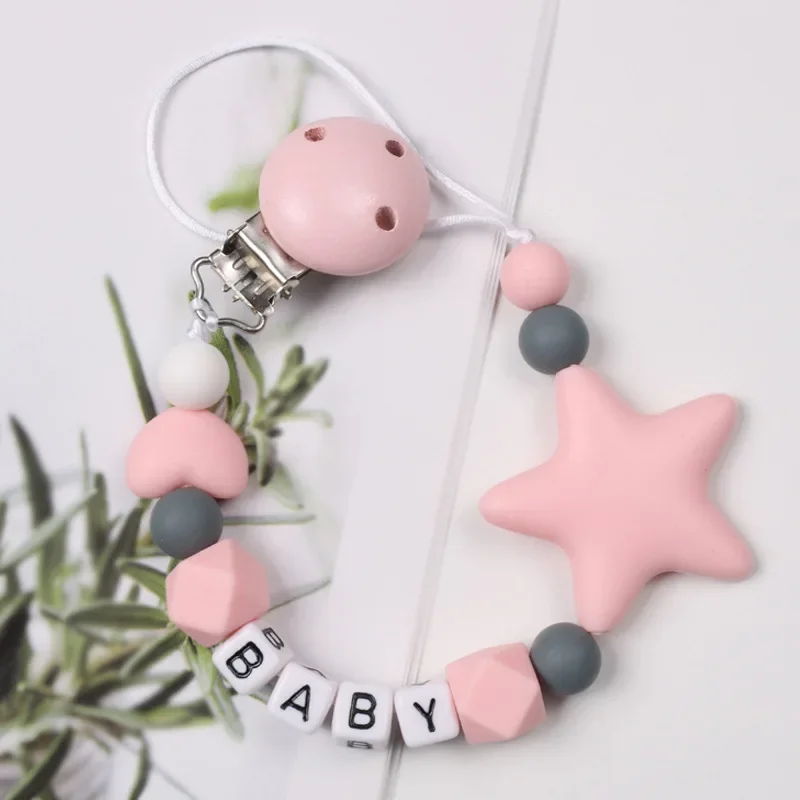 Personalized Name Baby Handmade Pacifier Clips Silicone Safe Teething Chain Infant Pentagonal Star Gum Nipple Dummy Holder Clip