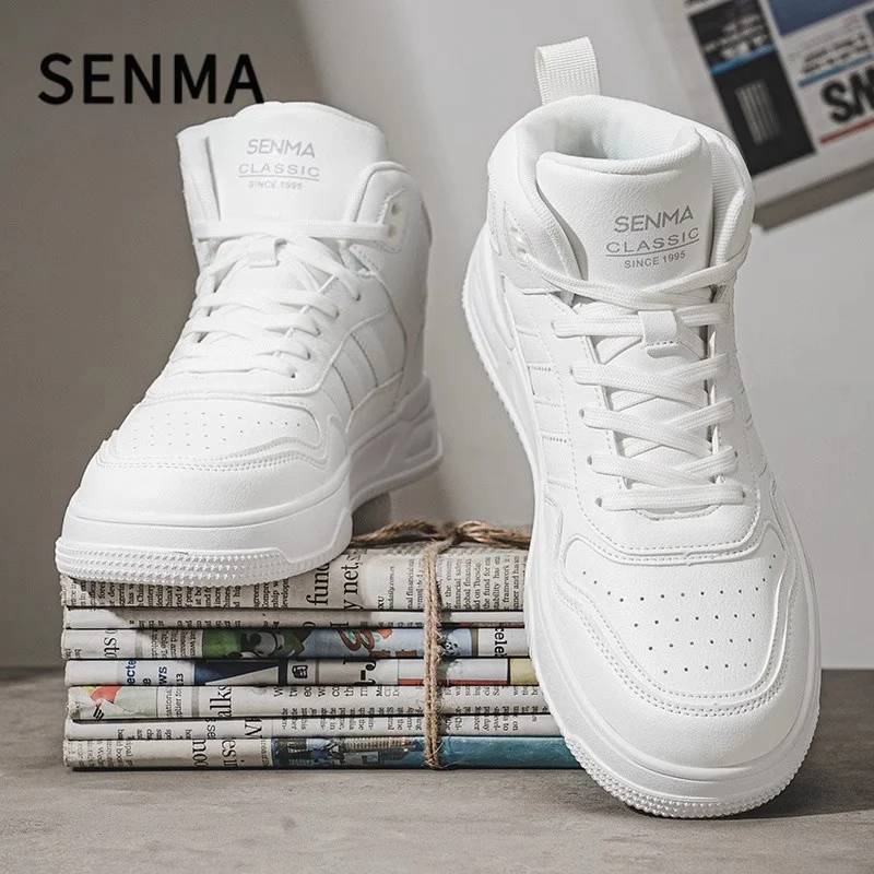 

SENMA Men's High Top Skate Sneakers Comfortable Running Walking Shoes Outdoor Casual Sports Shoes White Leather Shoes Mens Flats