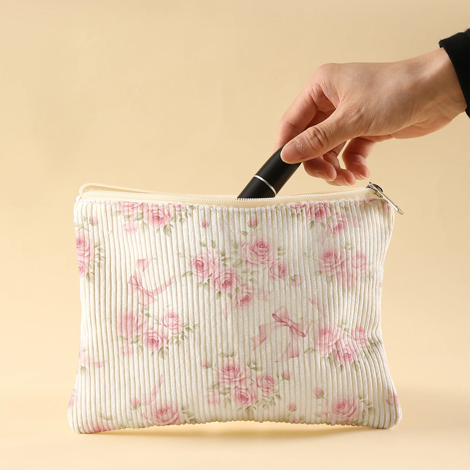 Korean Style Corduroy Cosmetic Bag Pink Roses and Pink Bow Ribbon Print Zipper Pouch Portable Travel Makeup Storage Organizer