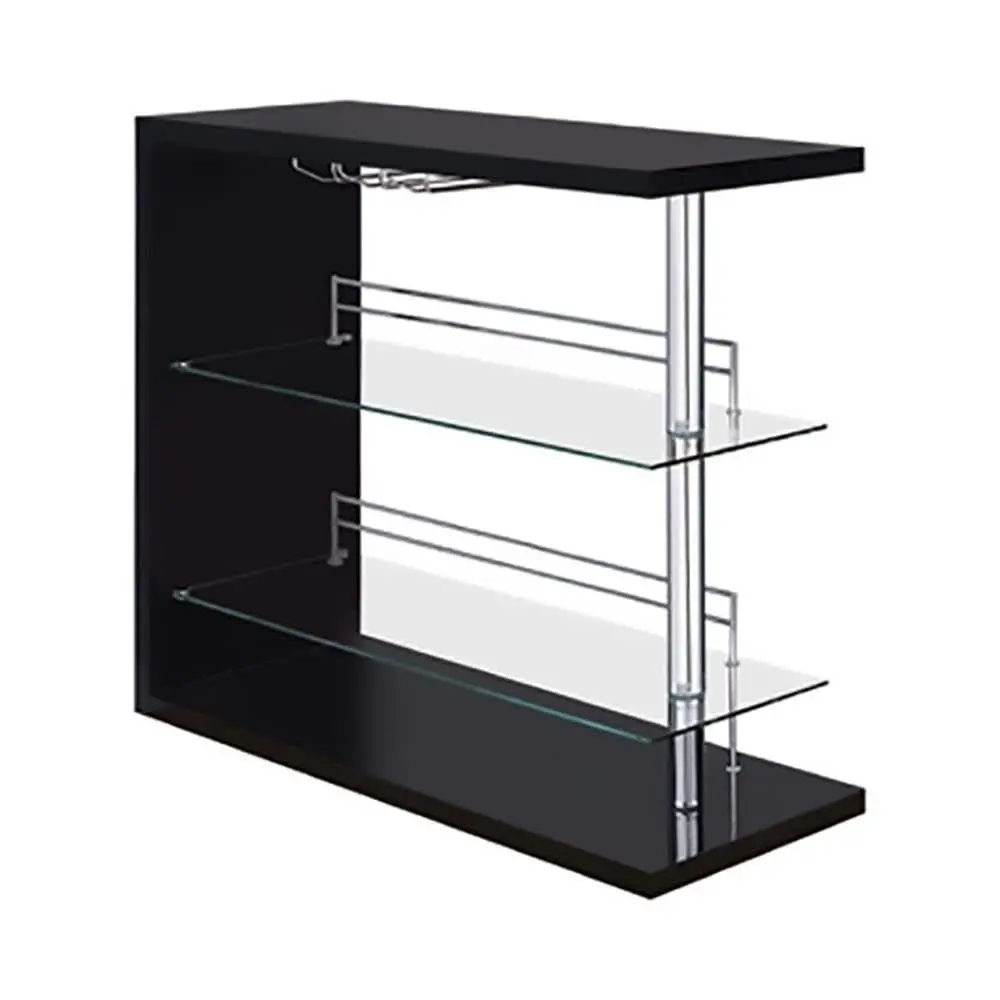

2Shelf Pub Table with Wine Storage, Glossy Black Finish, Glass Shelves, Compact Design, Stemware Rack, Contemporary Bar Unit fo