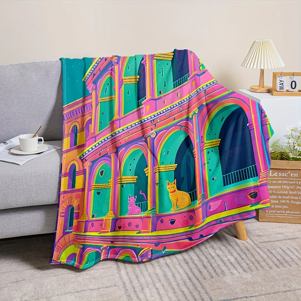 1pc Mid-Century Style Colorful Architectural & Cat Print Flannel Throw Blanket - Soft, Lightweight, All-Season Multipurpose