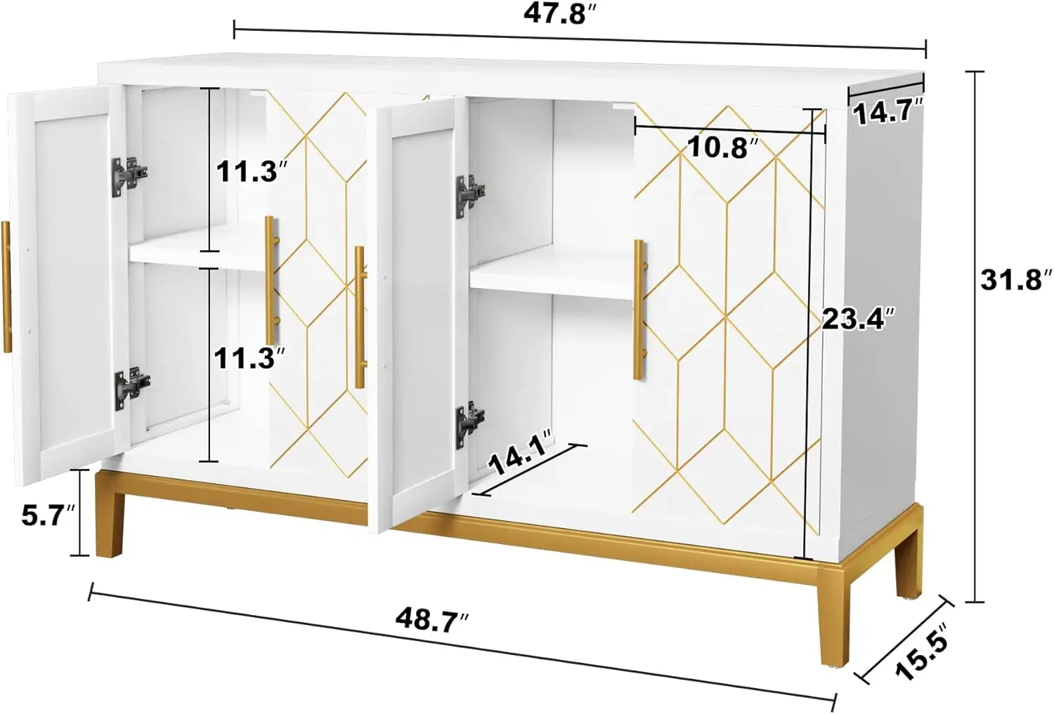 Accent Cabinet with 4 Doors and Shelves, Sideboard Buffet Cabinet with Gold Lines, Modern Credenza Storage Decorative Cabinet