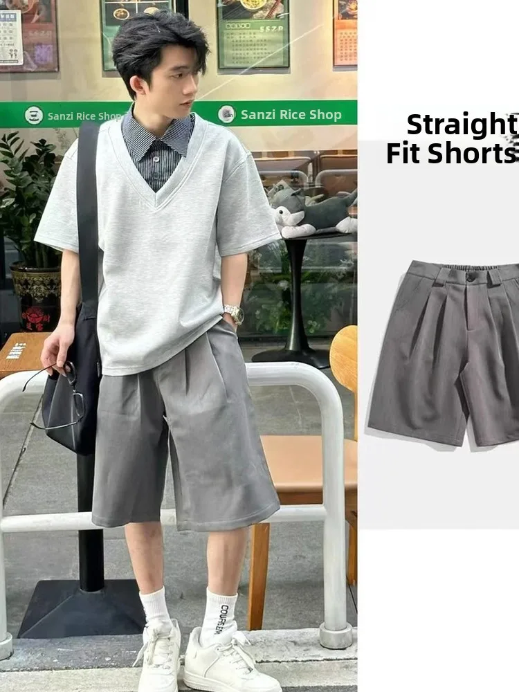 

Ay плиссированный летний повседневный мужской костюм из тонкого ледяного шелка orts Прямые брюки в американском стиле High Street