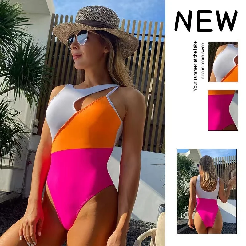 

KNOW DREAM 2024 new integrated swimsuit, solid color patchwork swimsuit, sexy women's tight fitting suit One-Piece Swimsuit