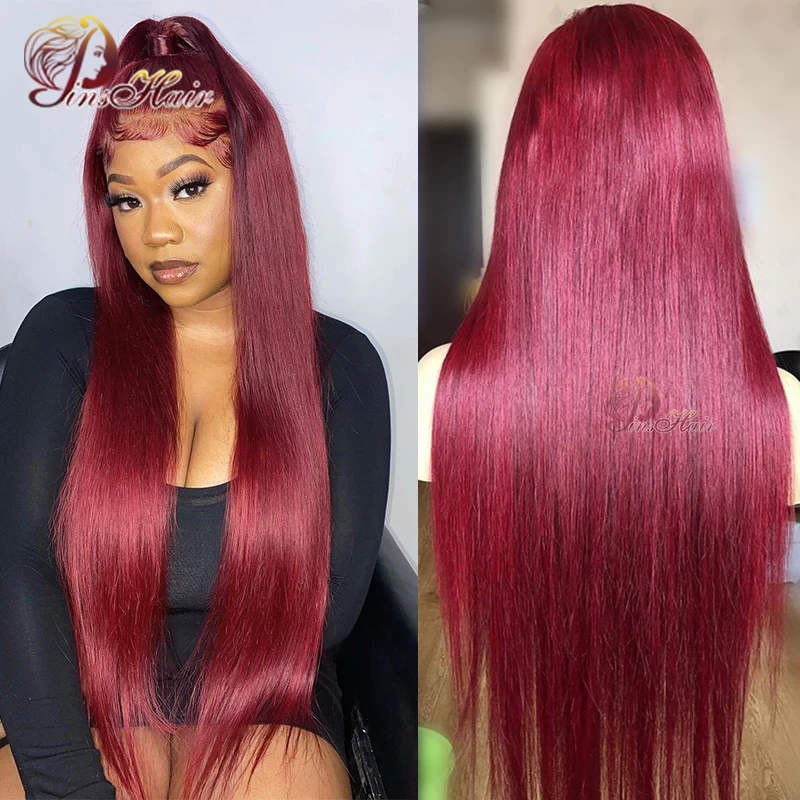 30 inch 99j Red Colored Straight 13X6 Lace Frontal Human Hair Wigs Black Women Burgundy Transparent Lace Front Wig New Arrival