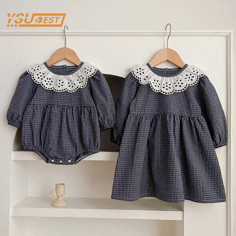 Spring Autumn Baby Girls Long Sleeve Sweet Sisters Grid Dress Infant Rompers Kids Baby Girls Princess Clothes Rompers