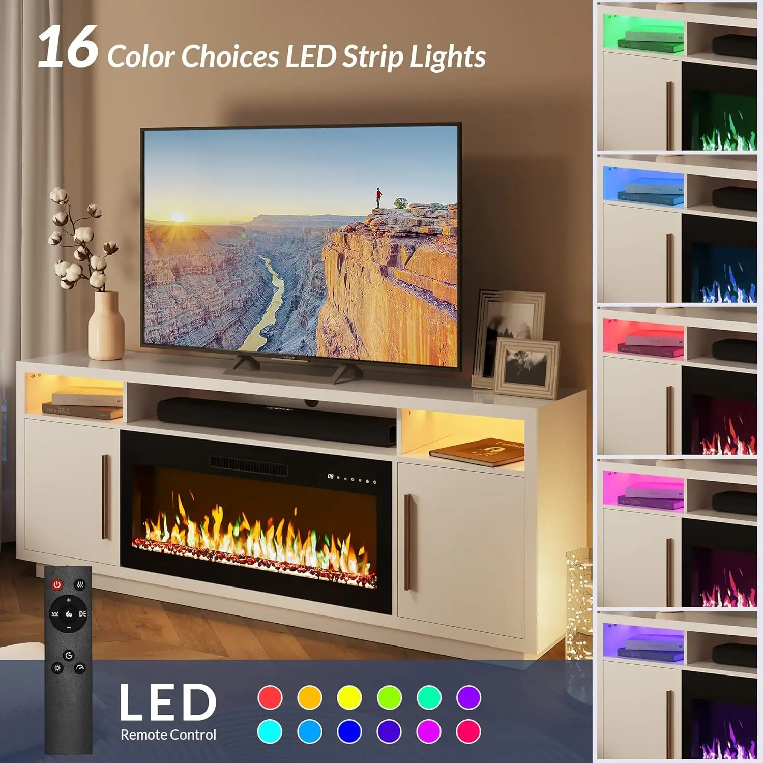 BELLEZE Soporte para TV con chimenea de 70" para televisores de hasta 75", centro de entretenimiento con luz LED y calentador de chimenea eléctrico de 36", cabina de almacenamiento