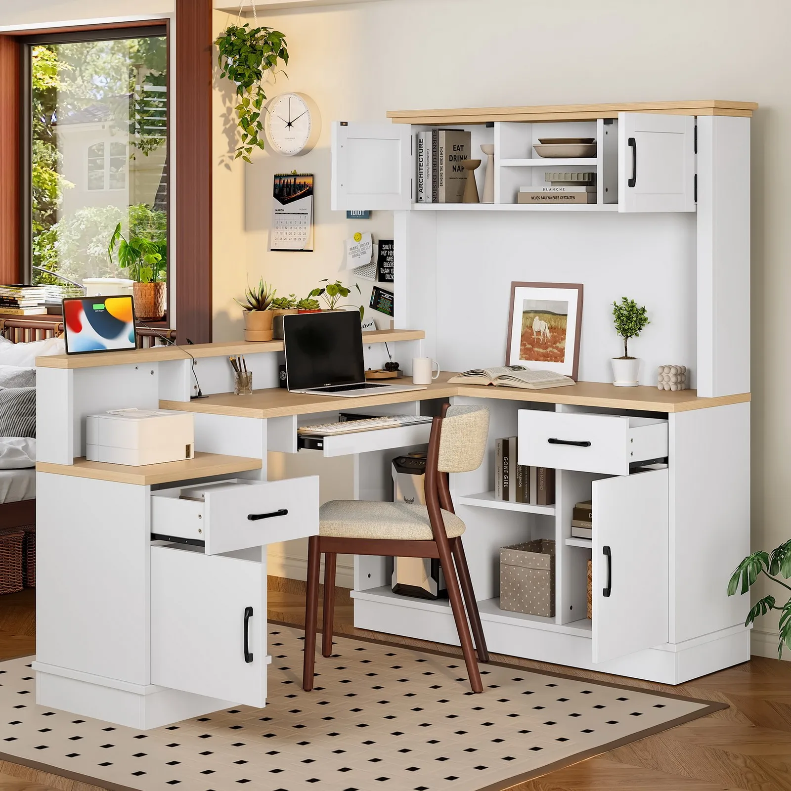 L-Shape Computer Desk Study Table Writing Office Desk Outlet Bookshelf Hutch