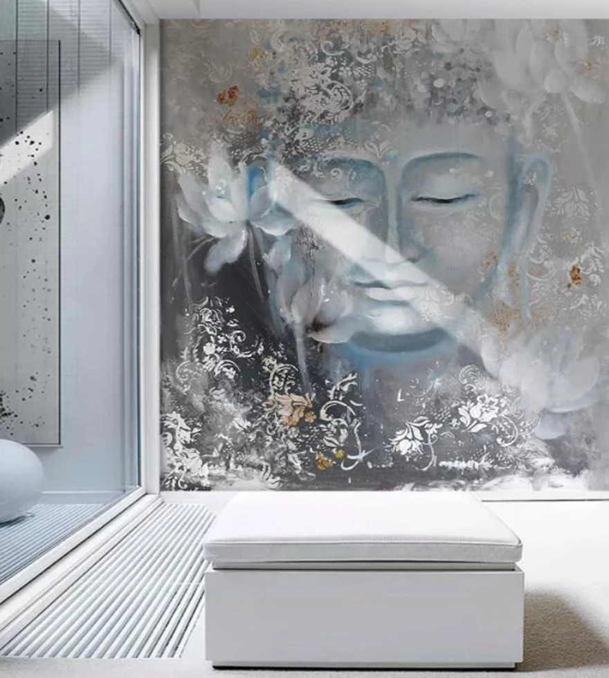 Customized products hand-painted mural wallpaper nostalgic Buddha Buddha lotus porch decoration living room TV backdrop wall 8d