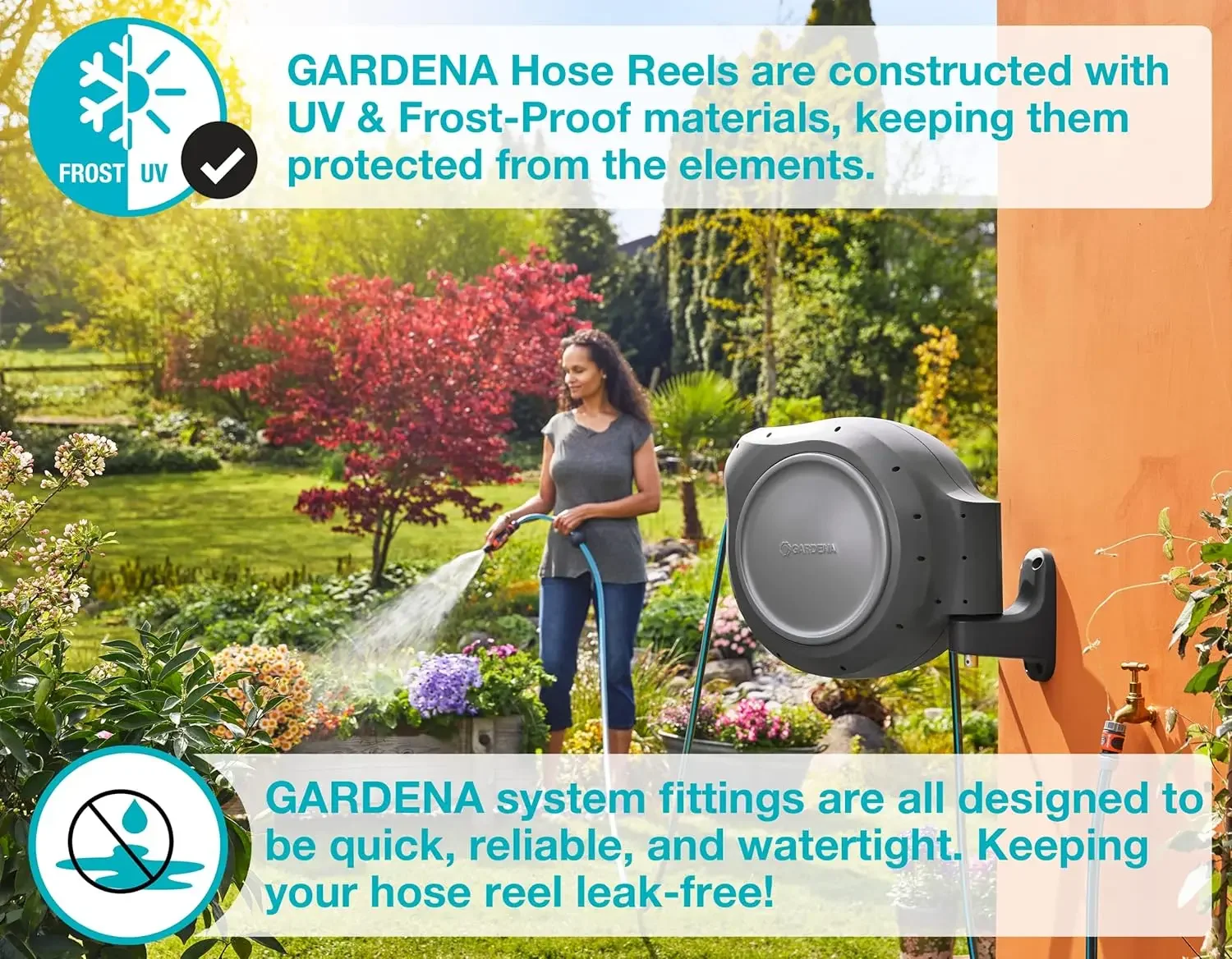 100' ft. Wall Mounted Retractable Reel with Hose Guide, automatic retraction for easy watering of garden or yard. Easy s