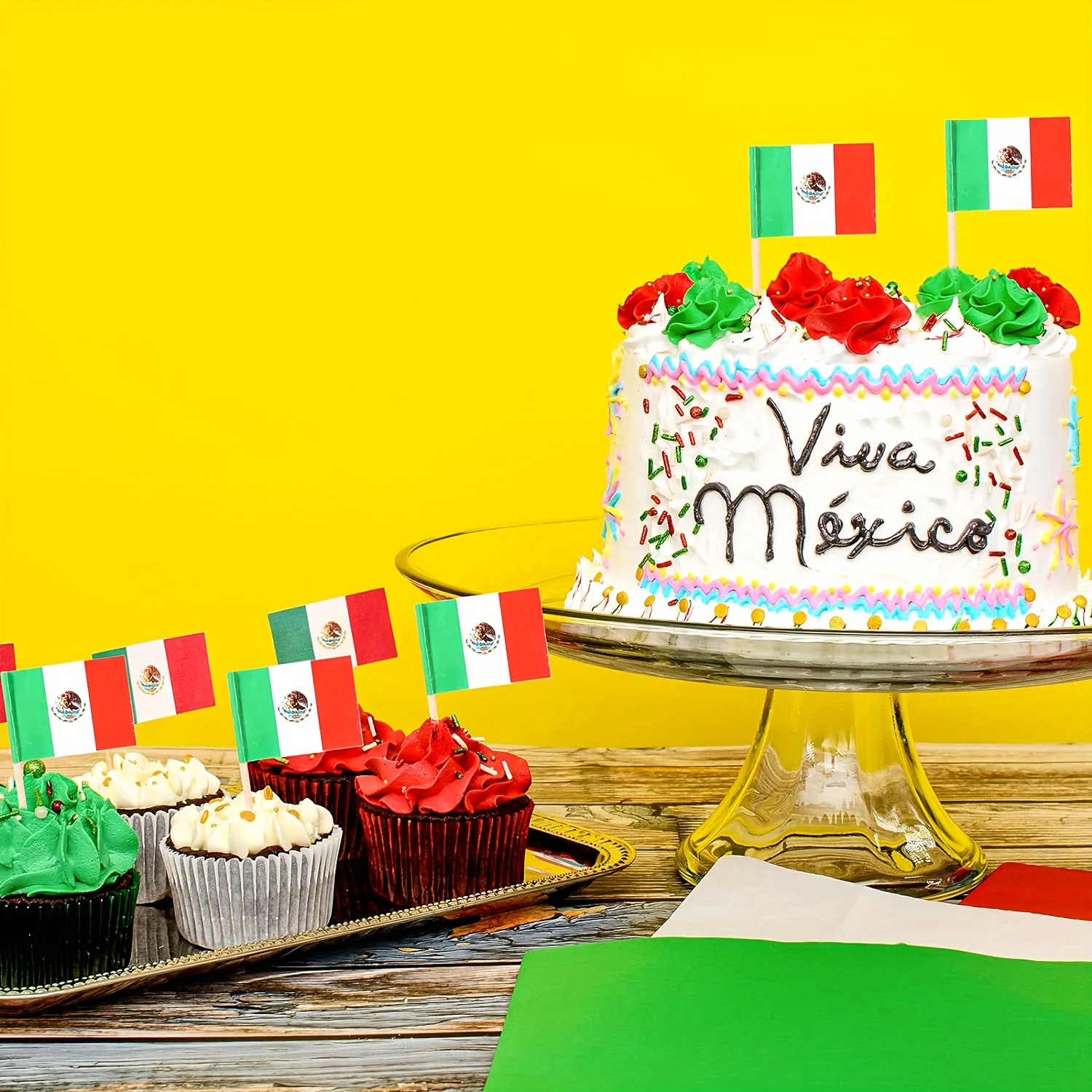 100 Stück mexikanische Zahnstocher-Flaggen, Cupcake-Topper, verziert mit mexikanischer Flagge, Mini-Baton-Flagge, verziert mit Essensauswahl – Detail 6