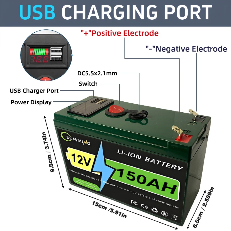 12V 160Ah LiFePO4 Battery Grade a Cells Waterproof for LED Lights Camping Campers Golf Cart Off-Road Solar Energy System