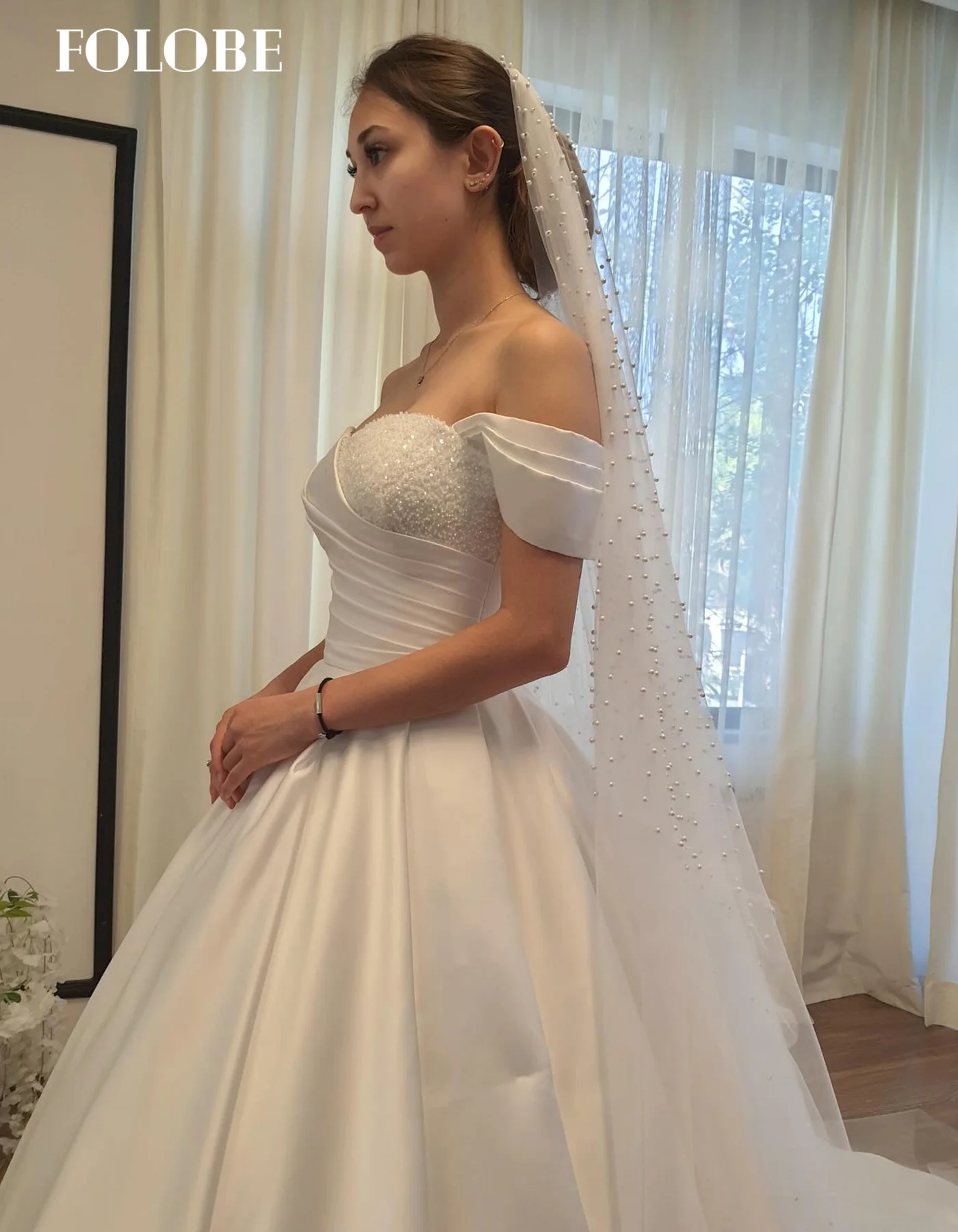 FOLOBE robe de mariée à épaules dénudées avec perles robe de mariée trapèze Gorgeou balayage Train robe de mariée vestidos de noche personnalisé