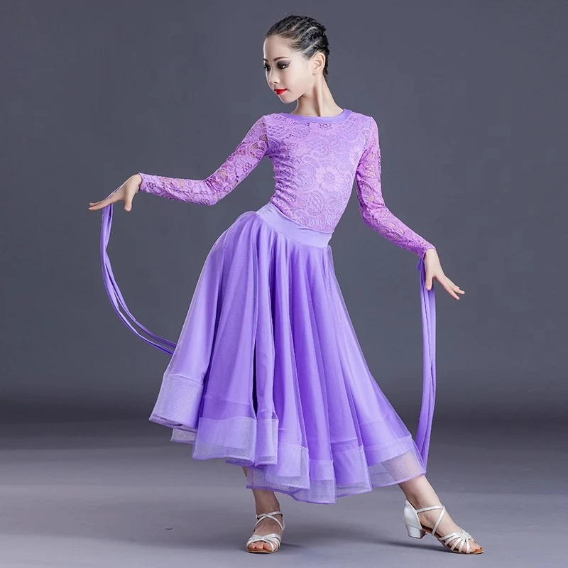 

Kids Girls Waltz Tango Ballroom Dance Professional Dresses Mesh Bodysuit and Large Ruffles Skirts Modern Dancing Costumes
