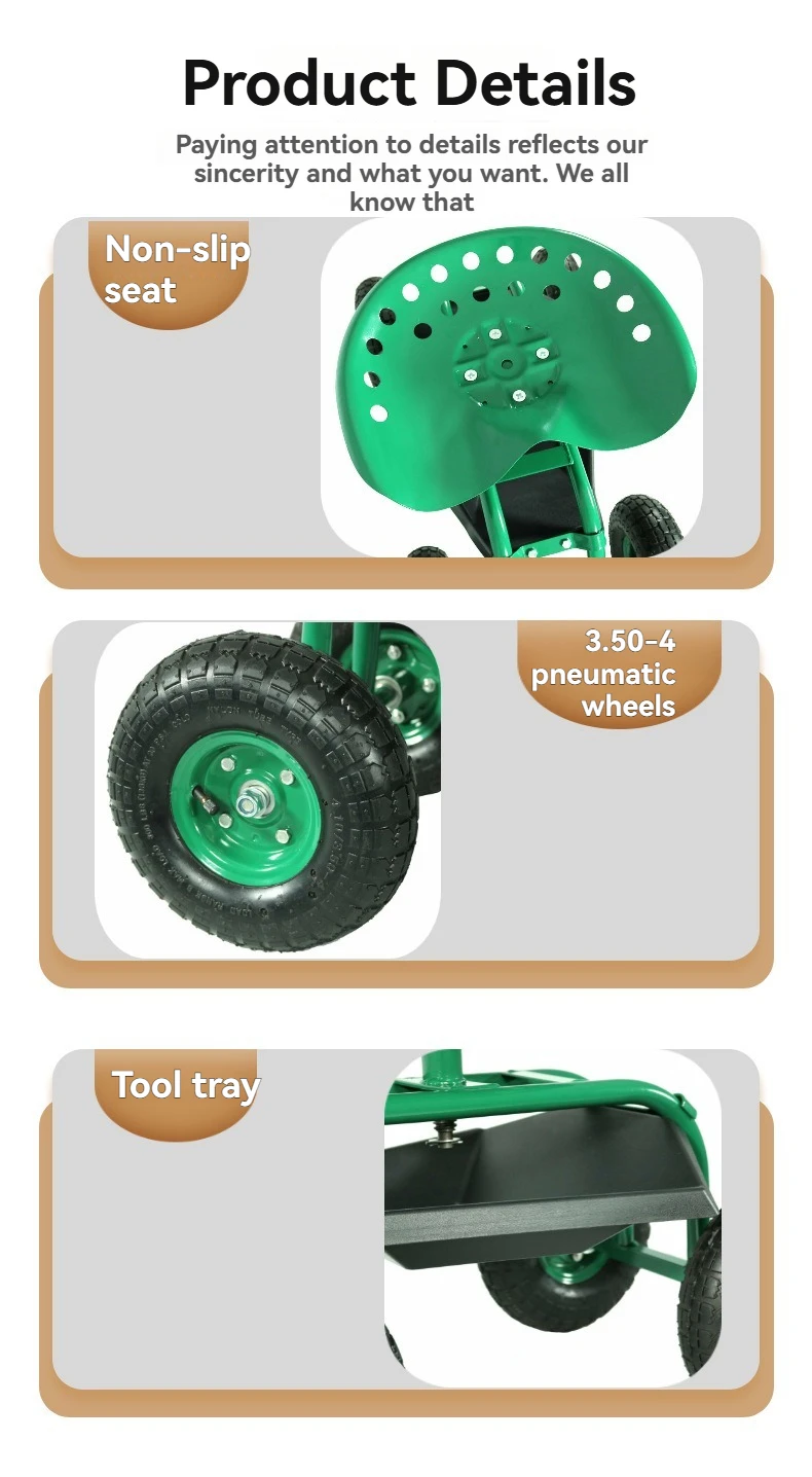 Movable Garden Seat Cart with 360 Degree Rotating Seats And Tool Trays for Garden Greenhouses Lawns