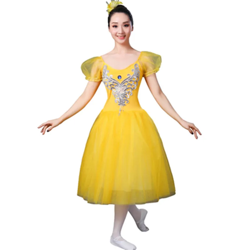 Adult Puffer sleeve ballet long dress Exercise suit pink color Swan Lake long veil performance costume girl's TUTu dress