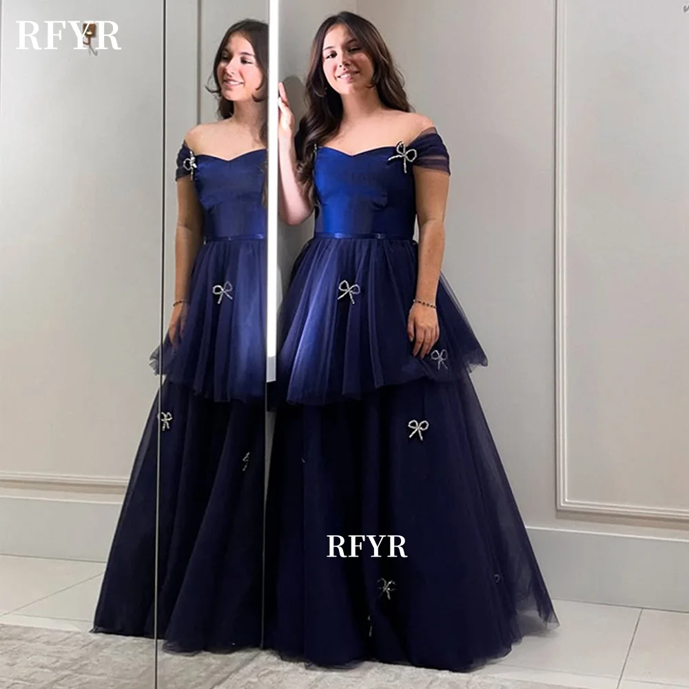 

RFYR A Line Evening Dresses Off Shoulder Prom Dress Beaded Bows Crystals Princess Gowns Fairy فساتين مناسبة رسمية Customized