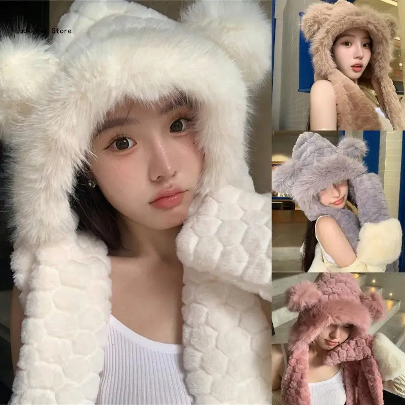 Furry Soft Ear Bear Hat Headwear for Women Winter Cycling Climbing Skiing Furry Bear Hat Thick Lining Scarf