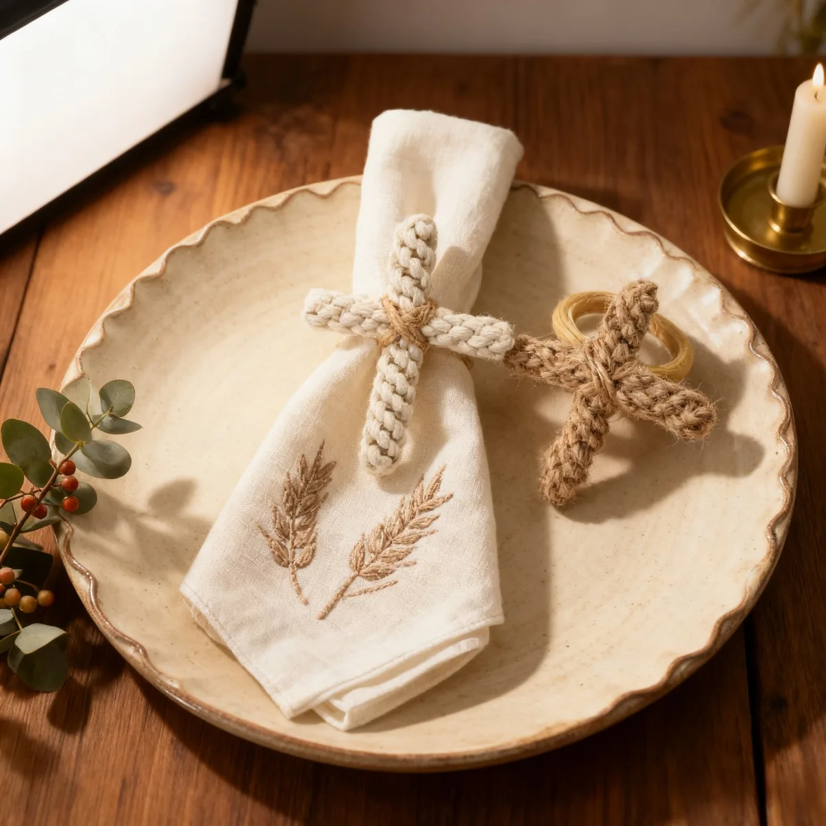 Bohemian Napkin Rings Cotton Linen Rope Handmade Cross Napkins Loop Buckles for Home Wedding Party Napkin Holder Tabletop Holder