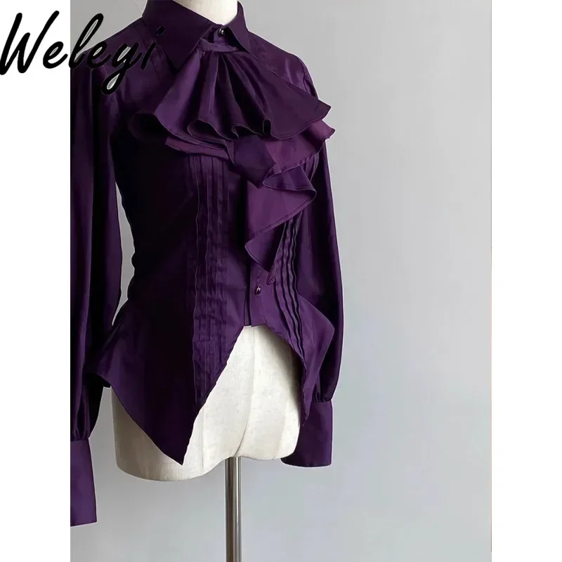 Jirai Kei Lolita Purple Shirt Women\'s 2024 Early Autumn New Hgh-end Chic Long Sleeve Tunics Slimmng Waist Top