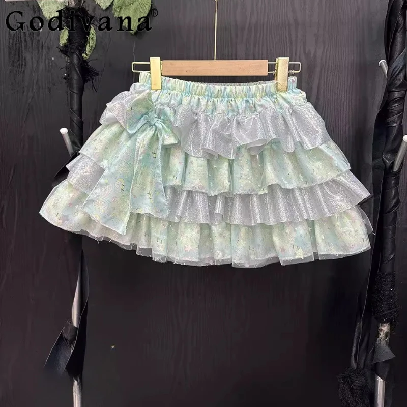 Original Handmade Mini Skirt Ladies Green Print Dopamine Y2k Bow Fluffy Cake Skirt Women's Summer High Waist Mini Skirt