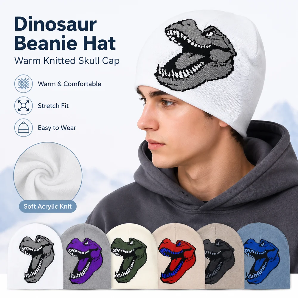 New Knitted Dinosaur Beanie Warm Dinosaur Pattern Winter Beanie Stretch Fit Pullover Pullover Knit Cap Daily Outfits