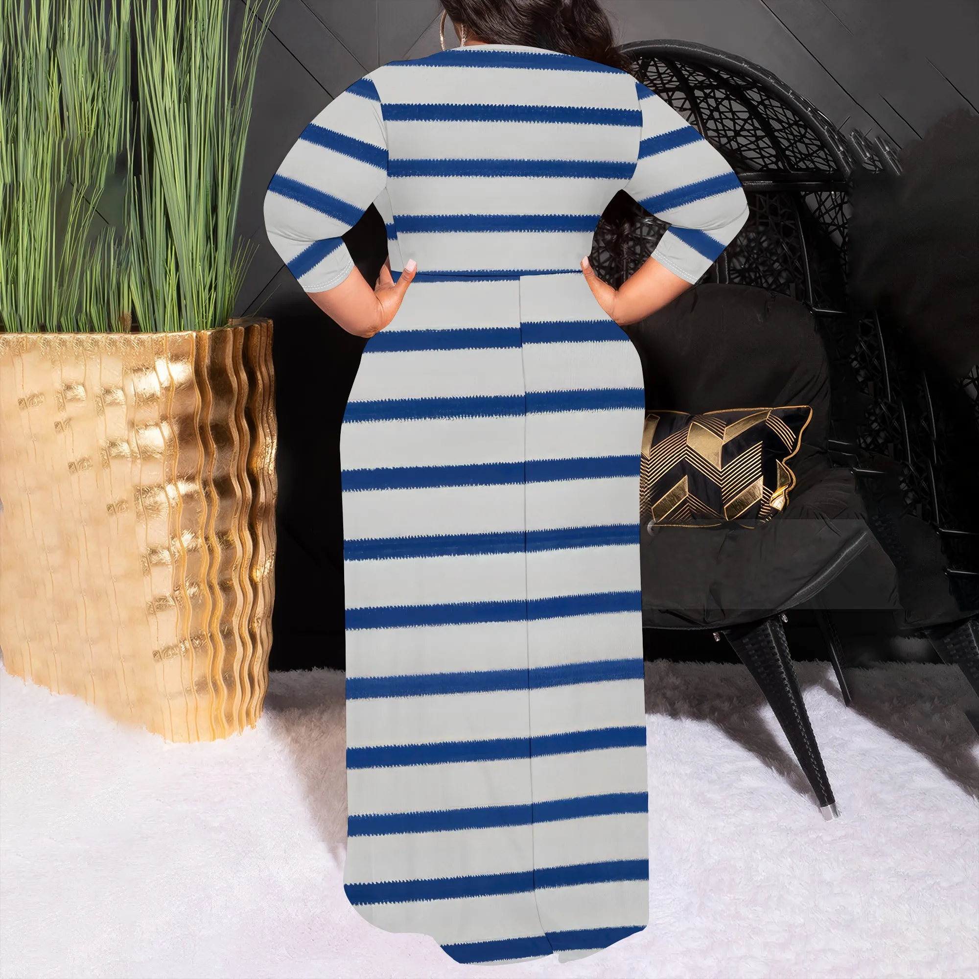 Striped V Neck Casual Waist Drawstring Daily Long Maxi Dress