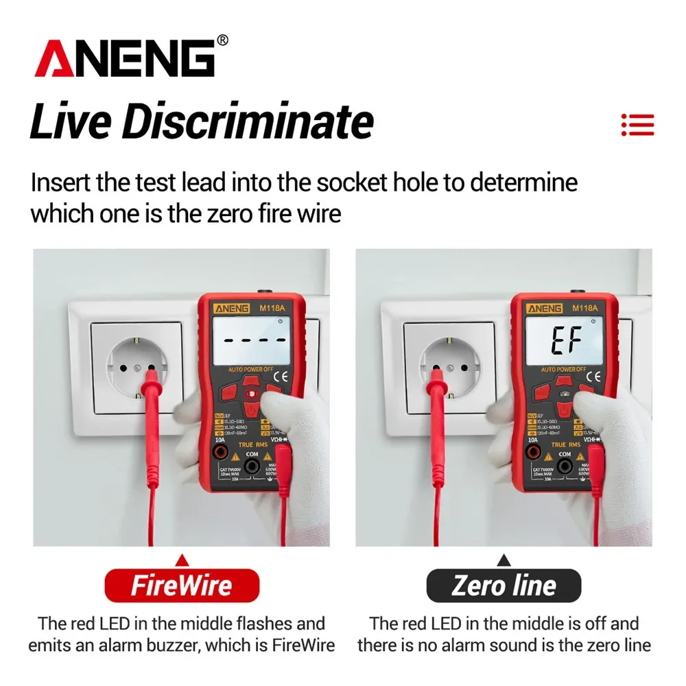 ANENG M118A Mini multímetro Digital, polimetro tester probador automático, mmultímetro de valores eficaces auténticos, medidor de Tranistor con NCV,