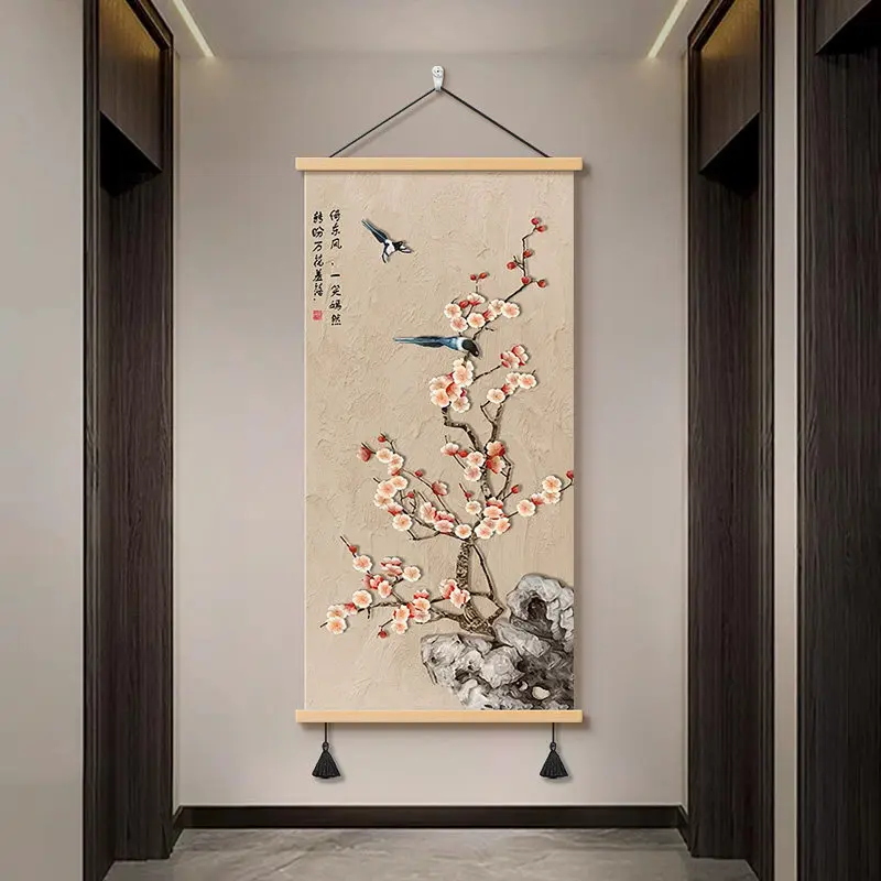 Oriental Welcome Painting Plum Blossom Painting, Aesthetic Wall Art with Magpie, Auspicious "Happiness" Mural for Entryway Decor