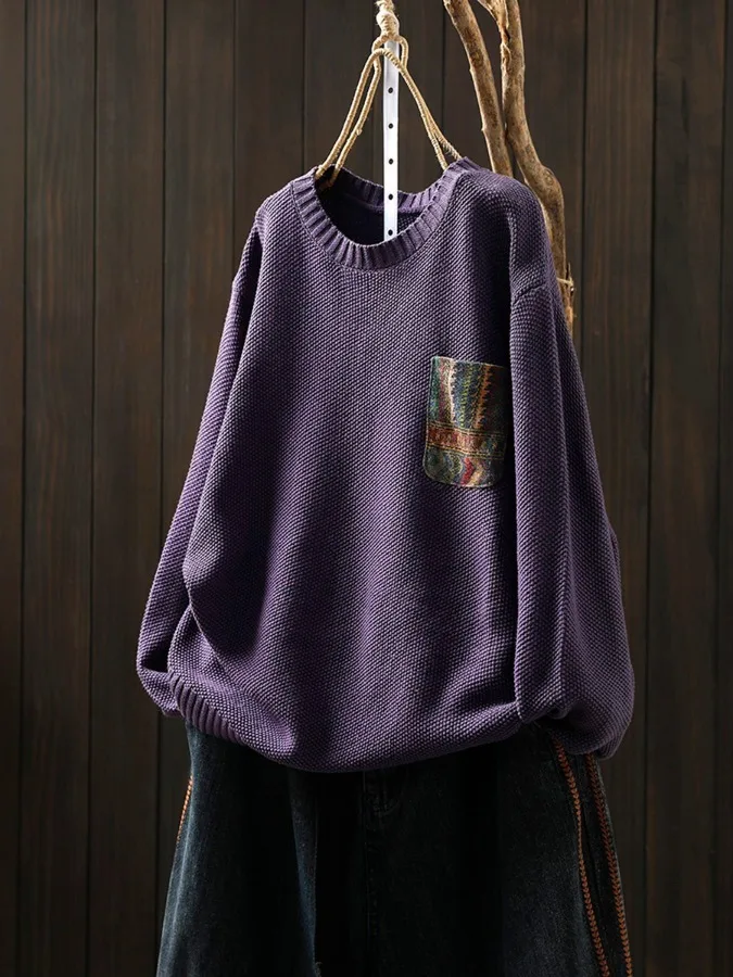 Maglione lavorato a maglia patchwork floreale casual da donna sciolto di grandi dimensioni autunno vintage lungo Sve rotondo Ne pullover filato di cotone