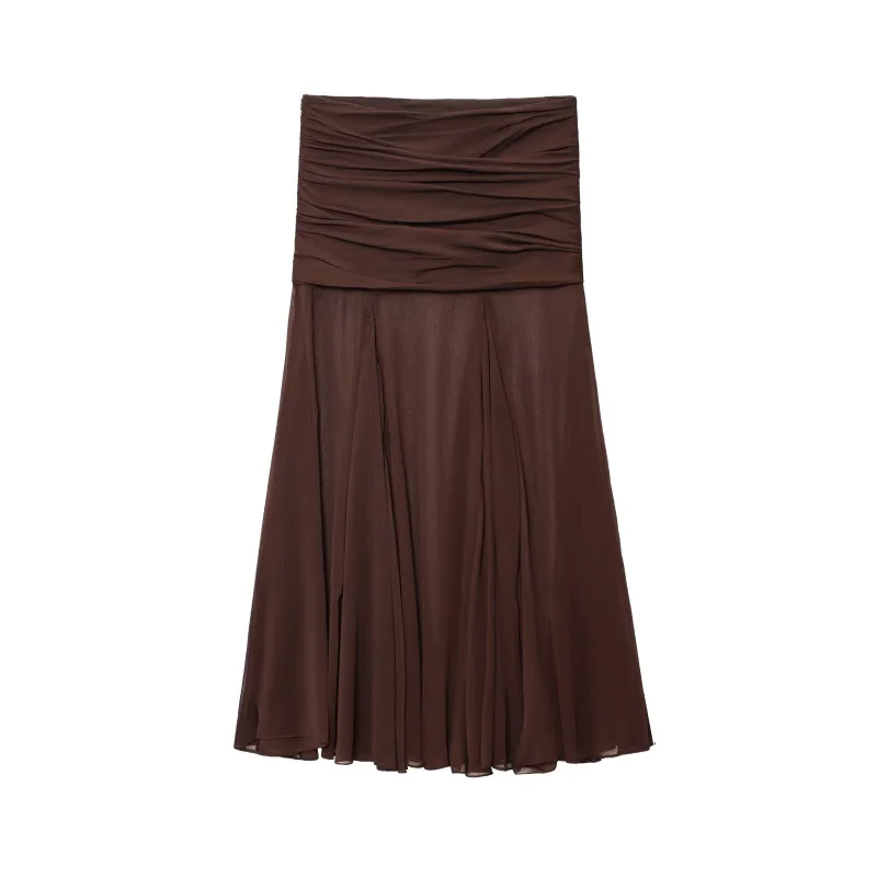 

ETJ's 2025 summer new product TRAF women's casual vacation style semi-transparent hem spliced pleated design sexy half skirt