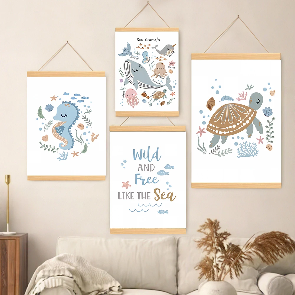 Whale Turtle Seahorse Octopus Nursery Wall Art Scroll Paintings Wood Haning Nordic Poster Print Pictures For Baby Kids Room Deco