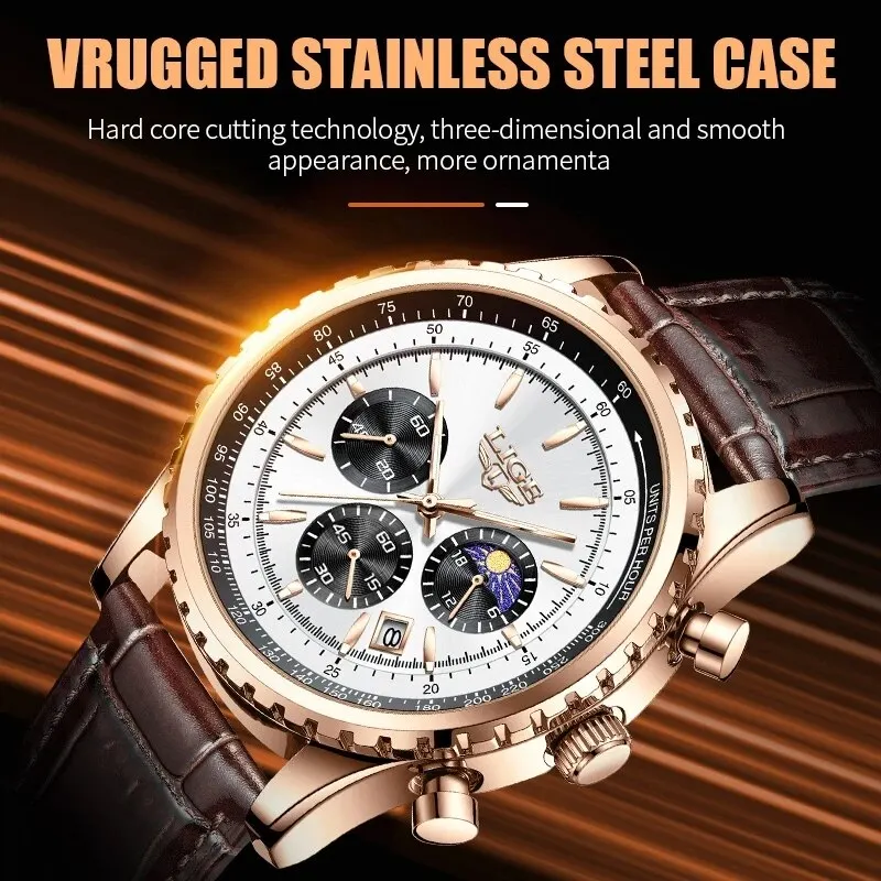 LIGE-Relógio de pulso de quartzo de couro masculino com caixa, relógio esportivo impermeável, relógio masculino, marca de topo, luxo, novo
