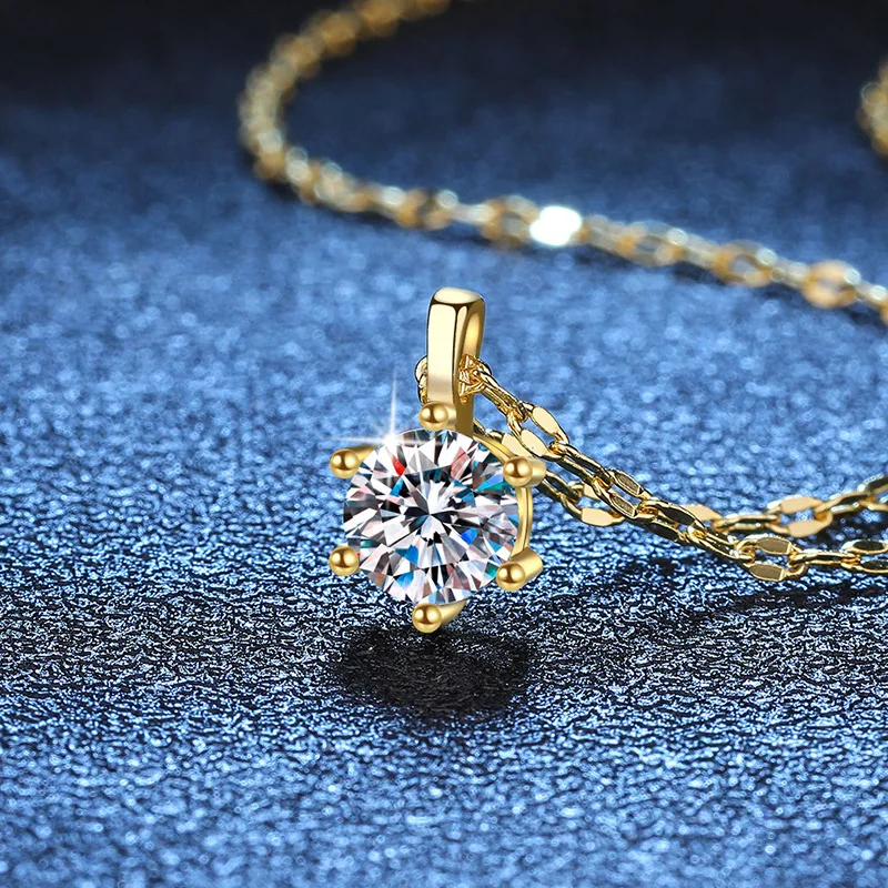 Platinum PT950 18K Gold Moissanite Pendant with Simple Lips, Six Claw Moissanite One Carat Necklace, Collarbone Chain