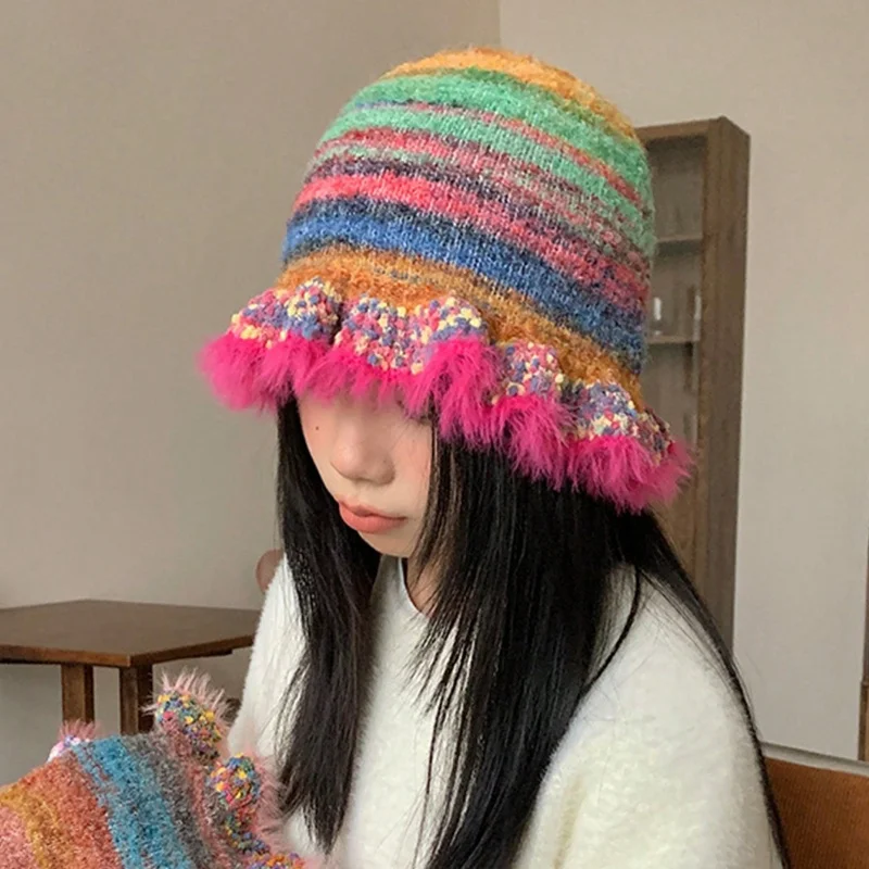 Women's Retro Rainbow Stripe Oil Painting Style Knitted Hat with Ruffles Bohemian Style Bucket Hat Autumn/Winter Fashion Hat