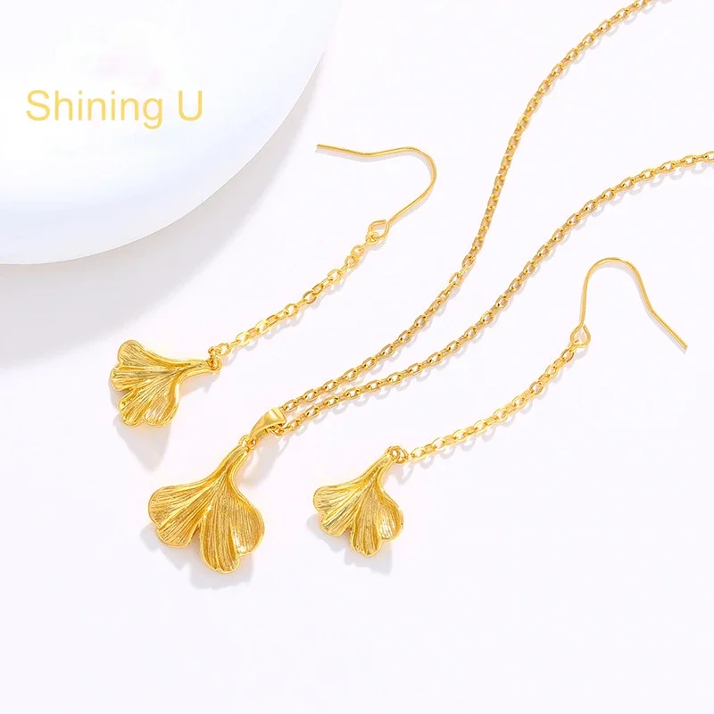 Shining U Light Yellow Gold Color Ginkgo Leaf Jewlery Set Earrings Necklace for Women Fashion Jewelry Gift