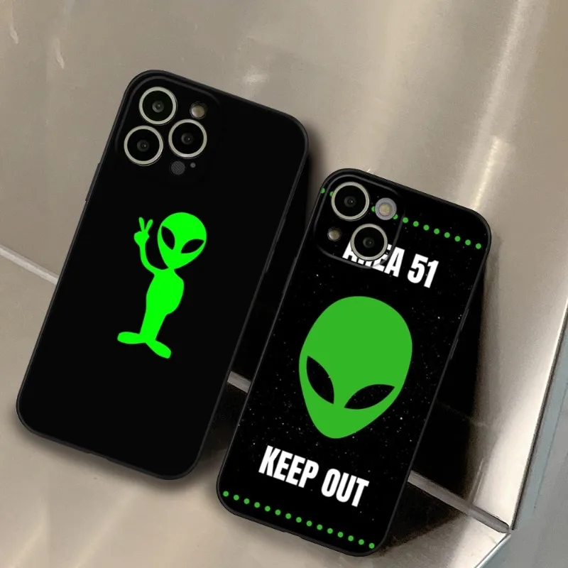 Green Alien Phone Case for iPhone, Cute Black Covers, iPhone 15,14,13,12 Pro,X,XR,Plus, X, 13 Pro MAX, XR, XS, Mini