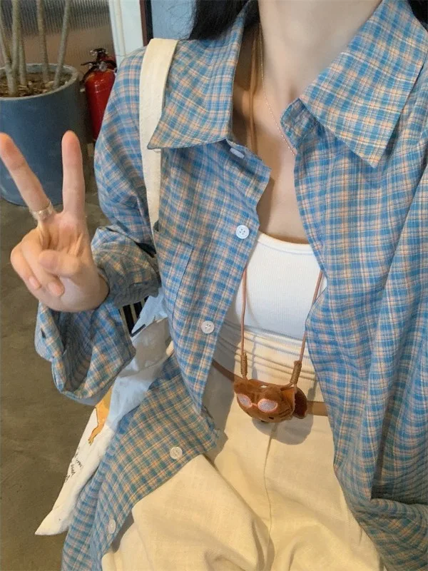 

Spring New Style Women's Loose Design Blue Plaid Long Sleeve Shirt Sun Protection Top Korean Style Polyester Fiber Regular Th...