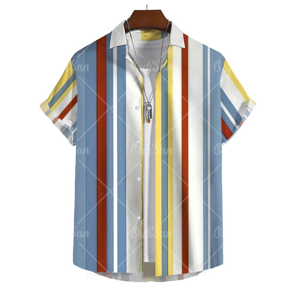 Hawaiian Men\'s Striped Shirts For Blouse Men Camisa Social Short Sleeve Casual Top Oversized Gym Clothing Fashion Male Vintage