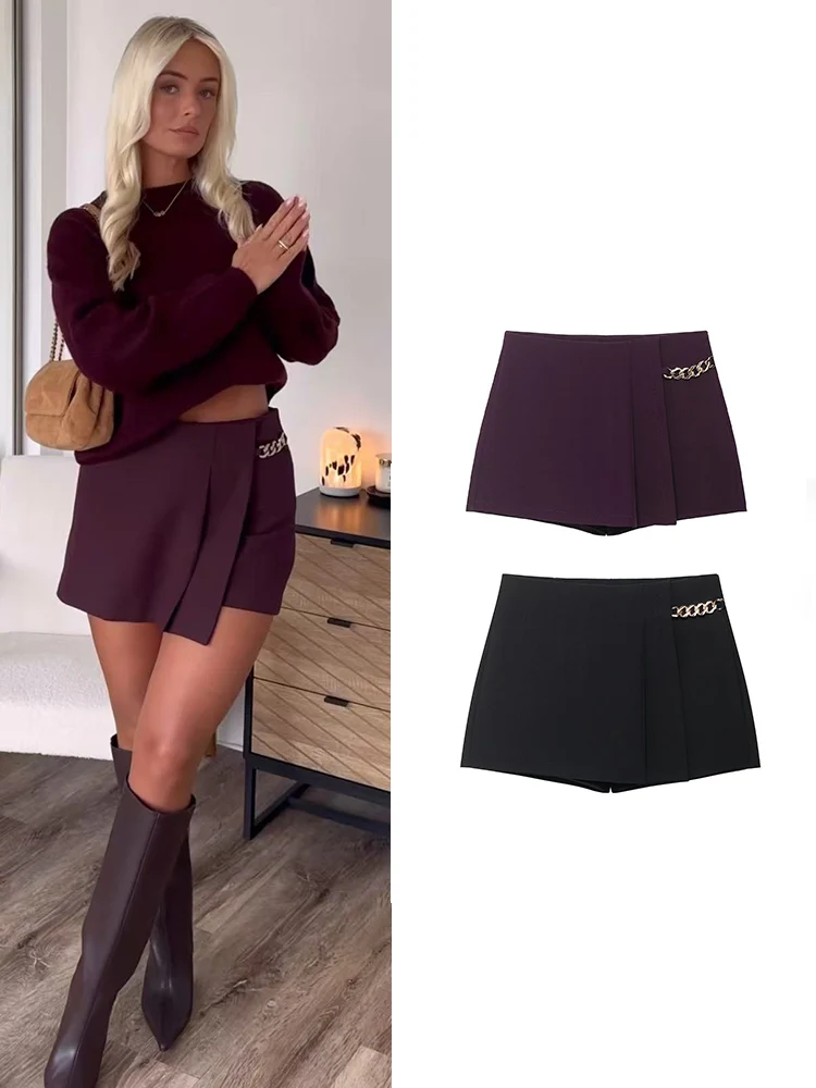 المرأة واسعة مطوي السراويل الخريف والشتاء جديد الجانب سستة عالية الخصر سراويل قصيرة الإناث شيك الشارع الشهير السراويل التنانير