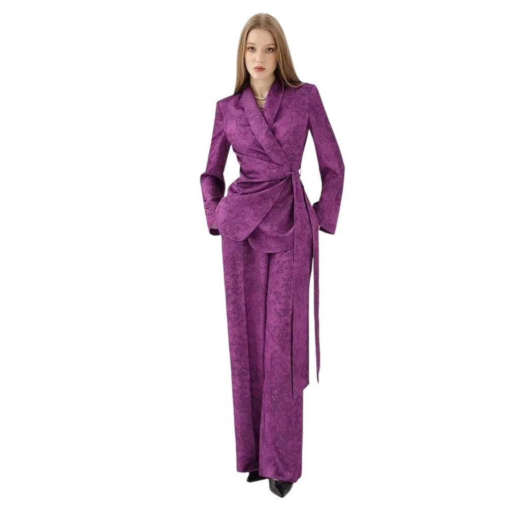 Women's Dresses Suit Gowns With Belt Elegant Peaked Lapel Jacket Coat And Pants For Female Satin 2 Pieces Suit Customized W222