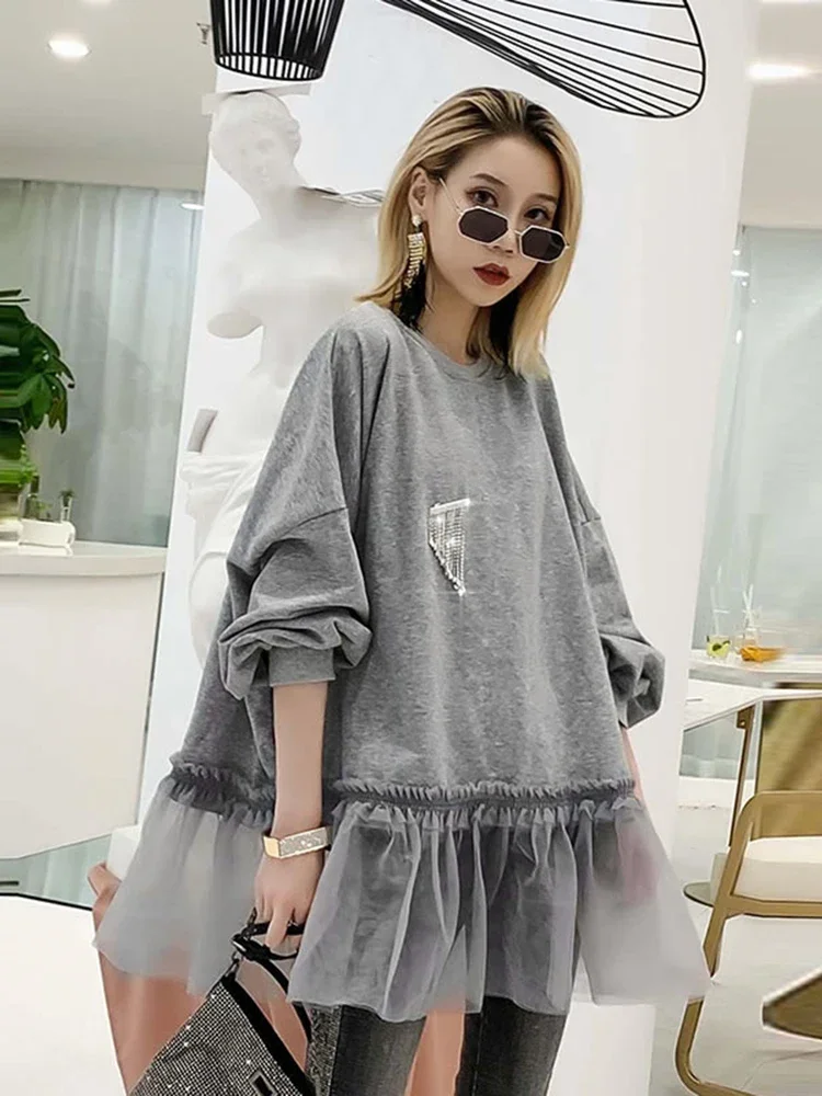 XITAO Tide Patchwork Mesh Pleated Sweatshirt Diamonds Women Clothes 2019 Elegant Fashion Pullover Top Autumn Korean  WQR1548