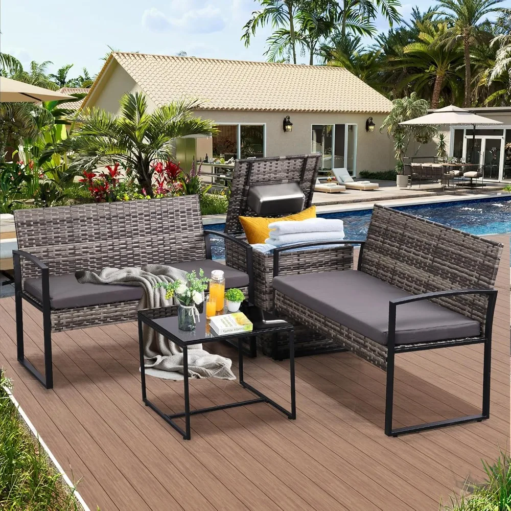 

4-piece Outdoor Terrace Furniture Set with Built-in Beverage Cooler Storage Box, Willow Conversation Set, Outdoor Love