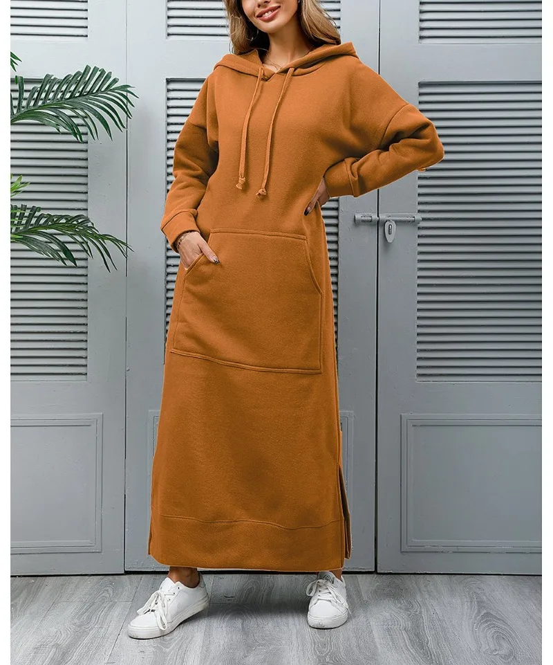 Hoodies Dress for Women Fashion  2024 Hem Lace-up Midi Robe Hooded Long Vestidos Winter Warm Casual Loose Sweatshirt Dress