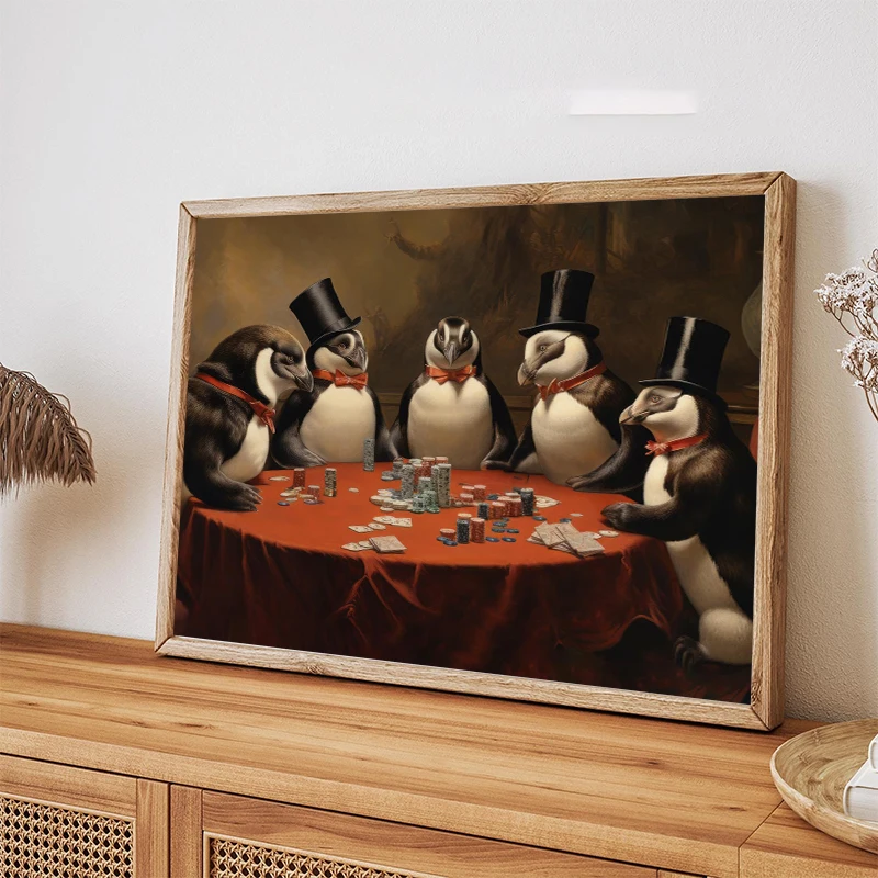 Beagles Penguins Yorkshire Terrier Playing Cards Poster Canvas Painting Print, Dog Cat Poker Humor Wall Art Picture Home Decor