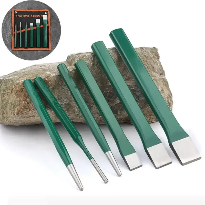 

6pcs Punch &Chisel Set Chrome Vanadium Steel Chisel Round Head Center Punch High Hardness Metal Stone Flat Chisels Hand Tool Set