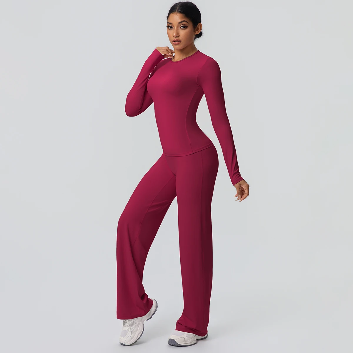 2 stück Frauen Gym Yoga Set Lauf Shirts Schlank Lange Ärmel Workout Top Schnell Trocknend Hohe Stretch Breite Bein Hosen dünne Yoga Set – Detail 39