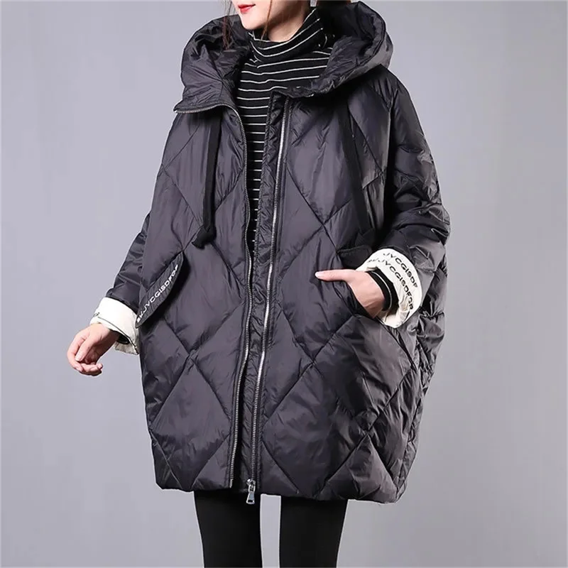 2023 Winter Coat Korean Loose Women\'s Md-Long Thick Parka Letters Print Warm Down Cotton Coat Cocoon Type Hooded Fleece Jackets