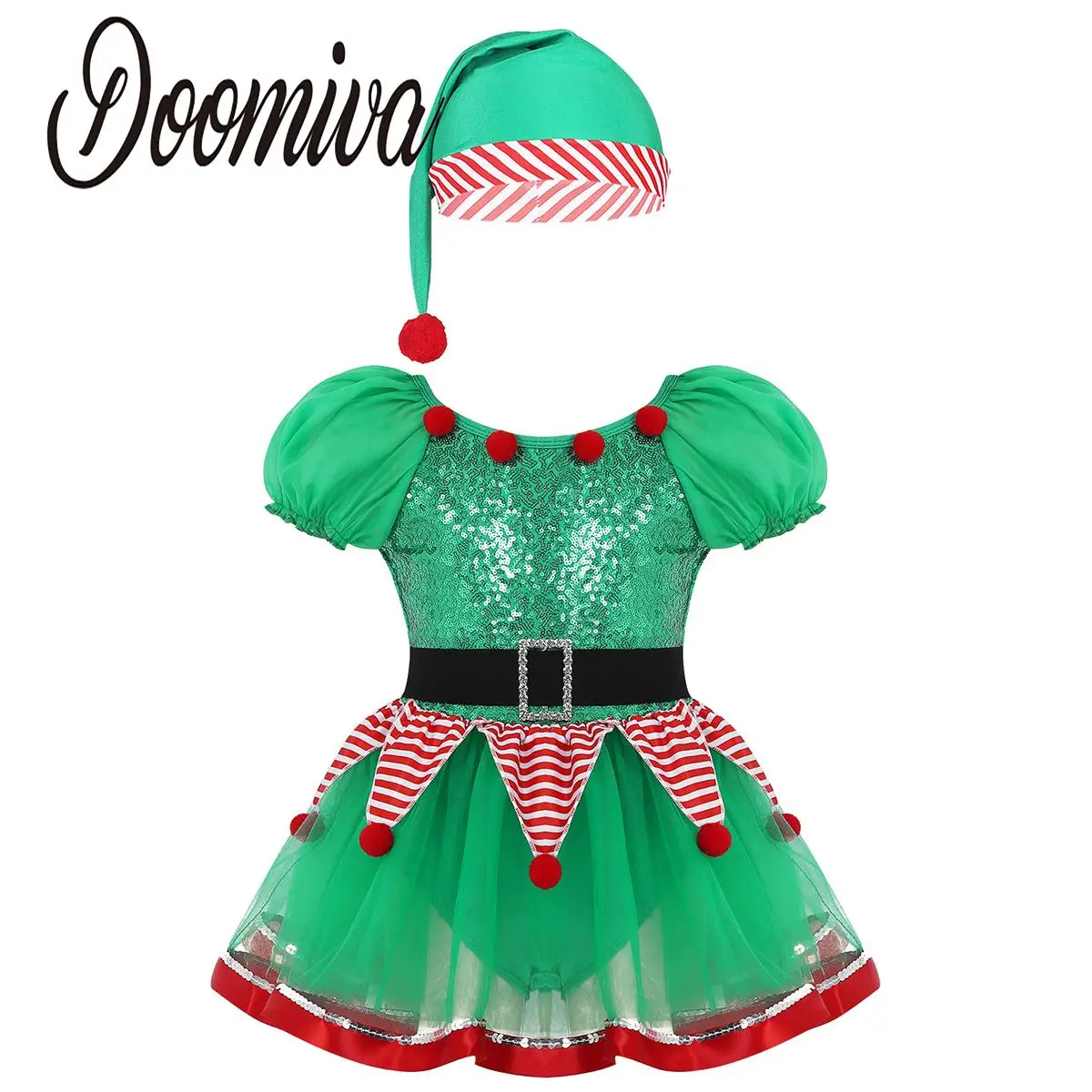 Kids Girls Green Christmas Elf Santa Claus Costume Frosty Snow Man Role Play Outfits Figure Ice Skating Ballet Dance Tutu Dress